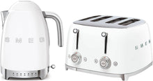 Load image into Gallery viewer, Smeg Jug Kettle with Acoustic Alarm, 3KW, 1.7L &amp; Smeg 4 Slice Toaster, Extra Wide Slots, White

