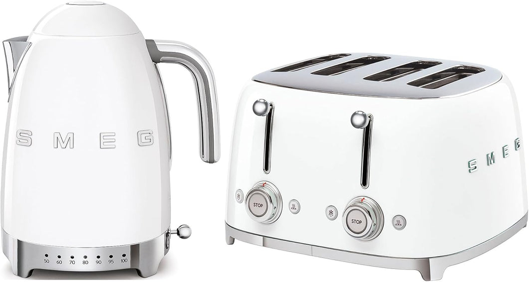 Smeg Jug Kettle with Acoustic Alarm, 3KW, 1.7L & Smeg 4 Slice Toaster, Extra Wide Slots, White