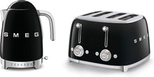 Load image into Gallery viewer, Smeg KLF04BLUK Jug Kettle with 7 Temperature Settings , 3KW, 1.7L &amp; TSF03BLUK 4 Slice Toaster, Extra Wide Slots, Black
